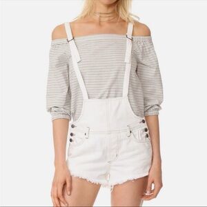 Free People White Denim Short Overalls